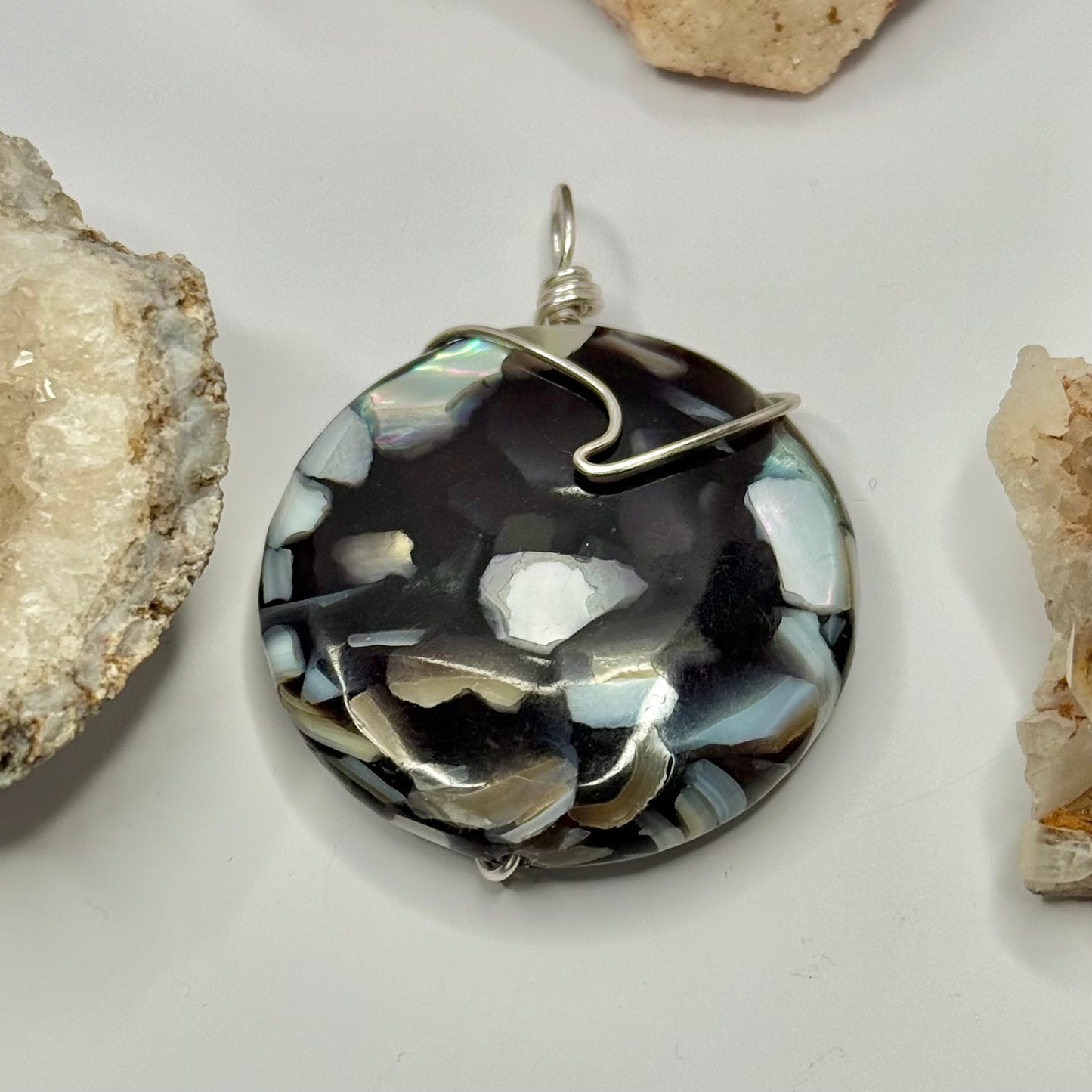 Silver Seashell and Obsidian Pendant