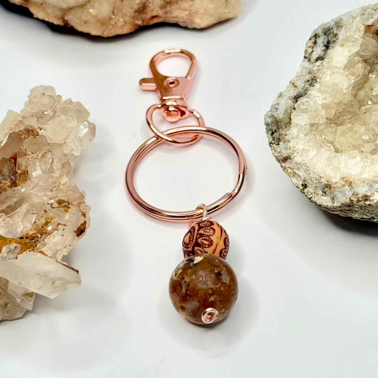 Rose Gold Ocean Jasper and Wood Keychain