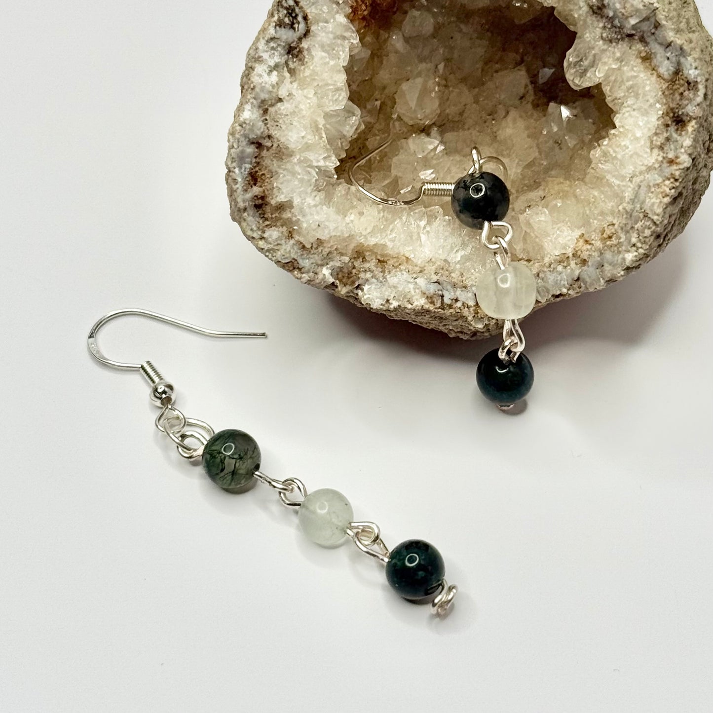 Sterling Silver Moss Agate and Fluorite Earrings