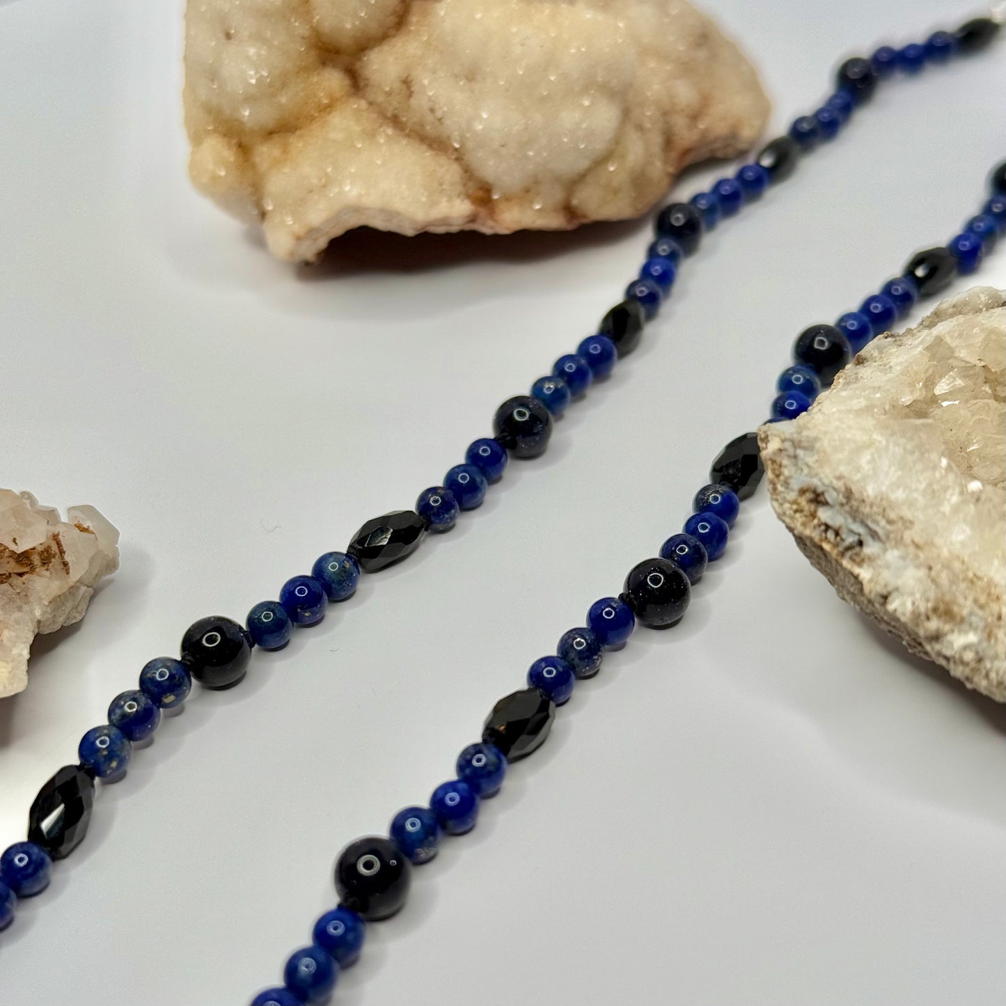 Sterling Silver Lapis, Blue Goldstone, and Onyx Beaded Necklace