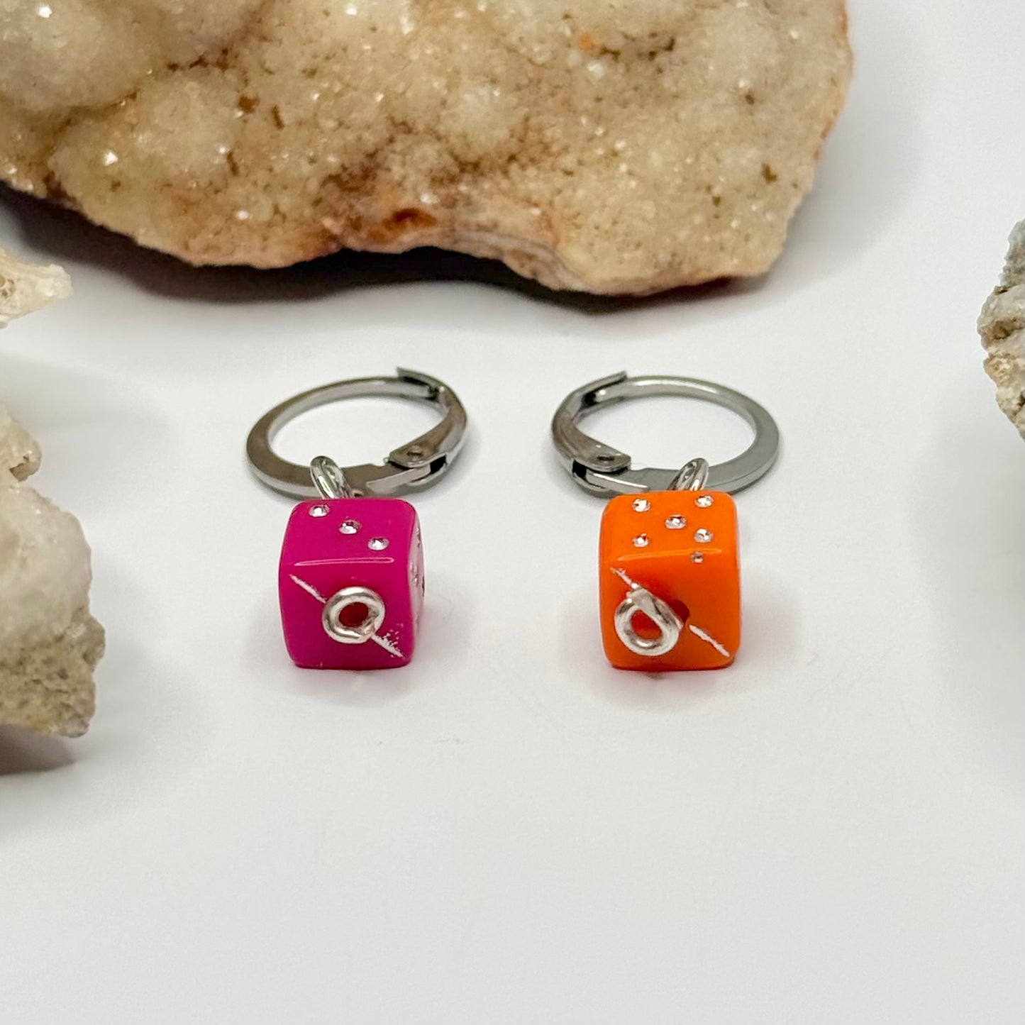 Silver Pink and Orange Dice Huggie Earrings