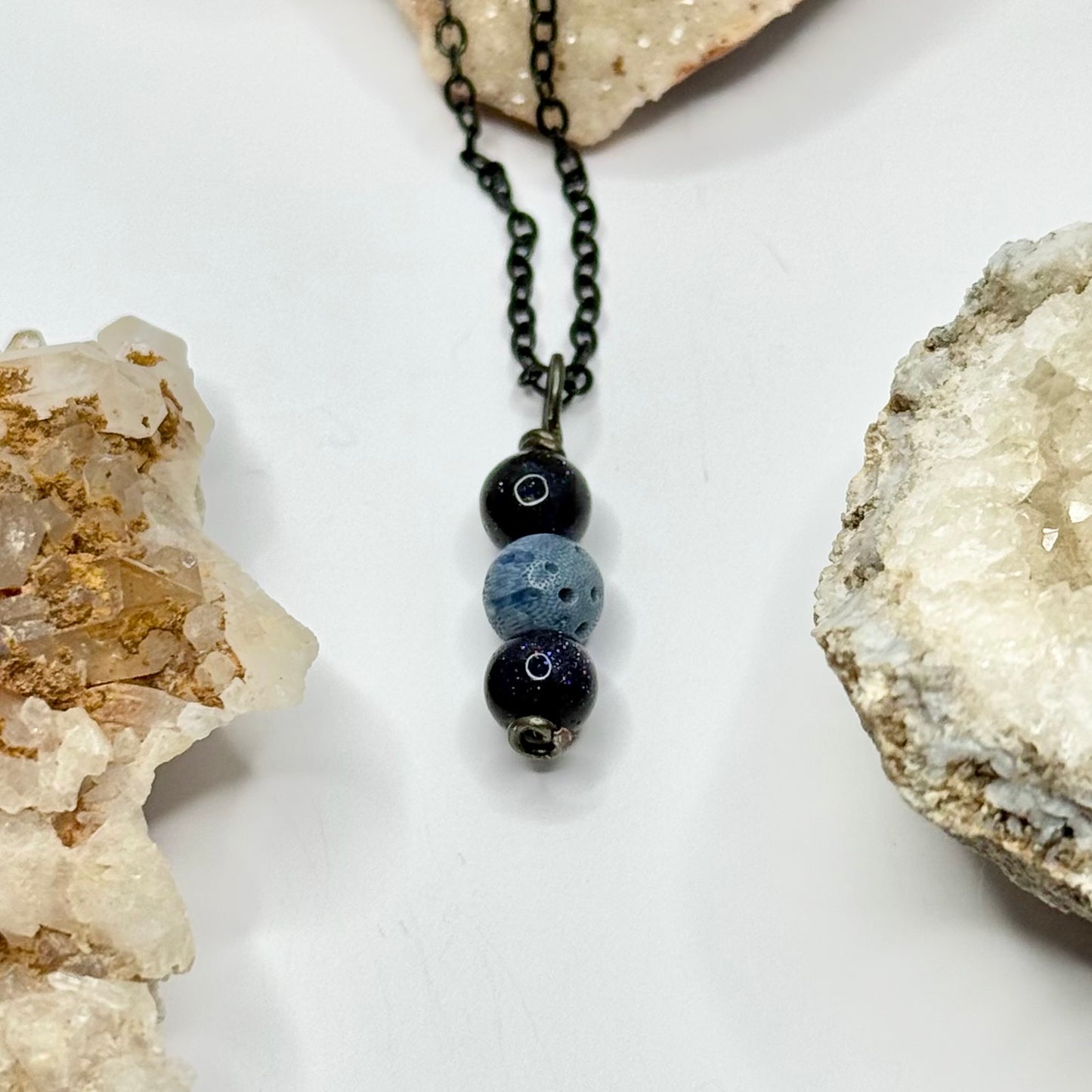 Charcoal Blue Goldstone and Coral Necklace