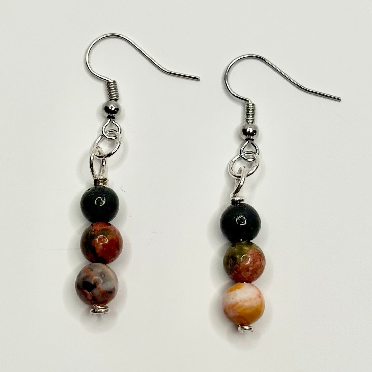 Silver Jasper, Unakite, and Carnelian Earrings