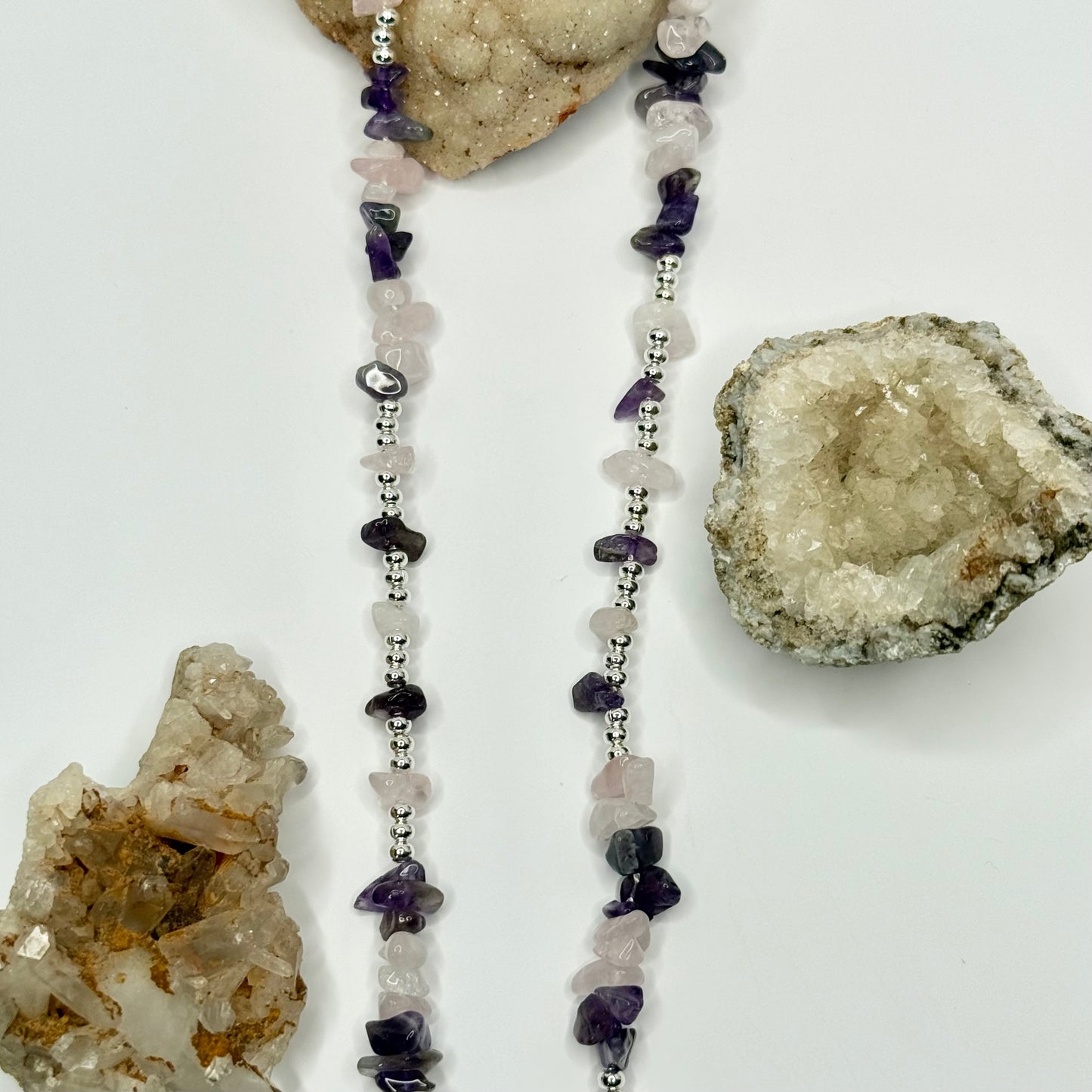 Silver Beaded Amethyst and Rose Quartz Necklace