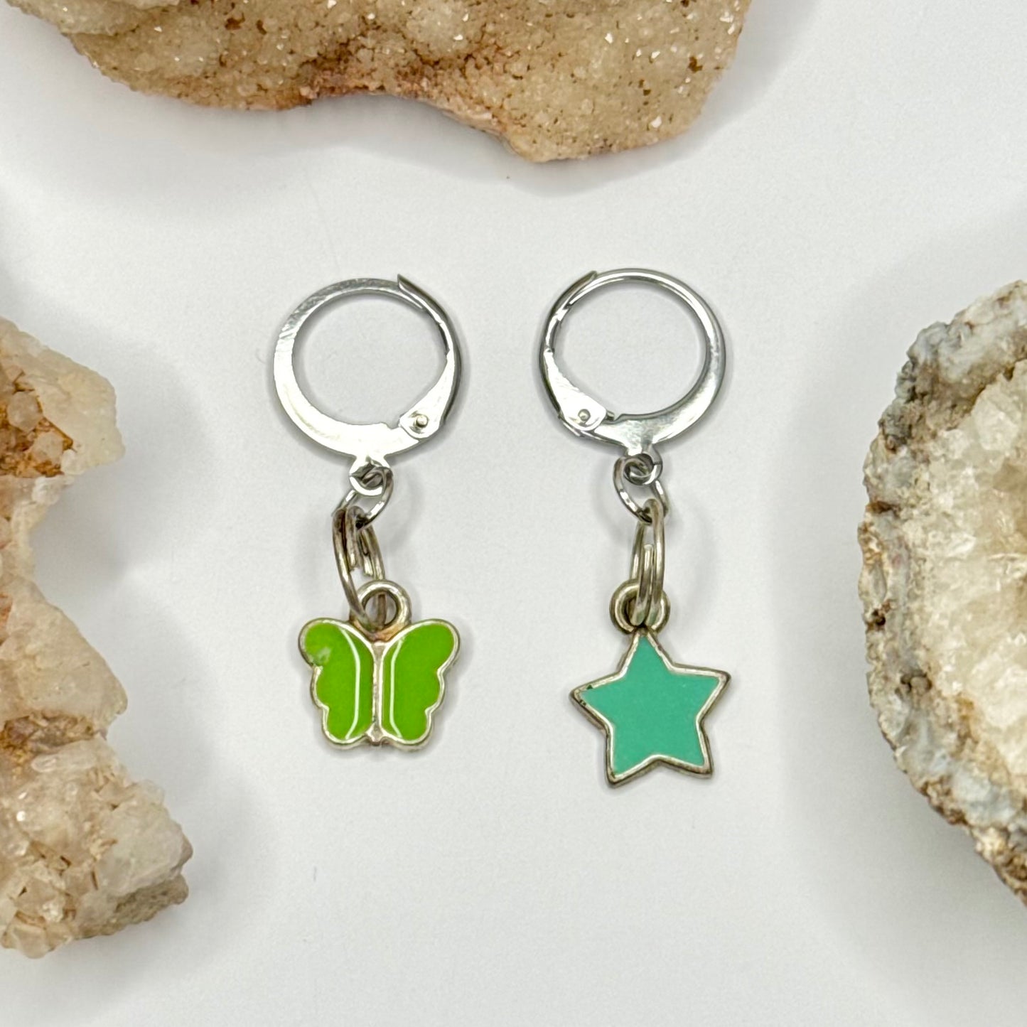 Silver Star and Butterfly Charm Huggie Earrings
