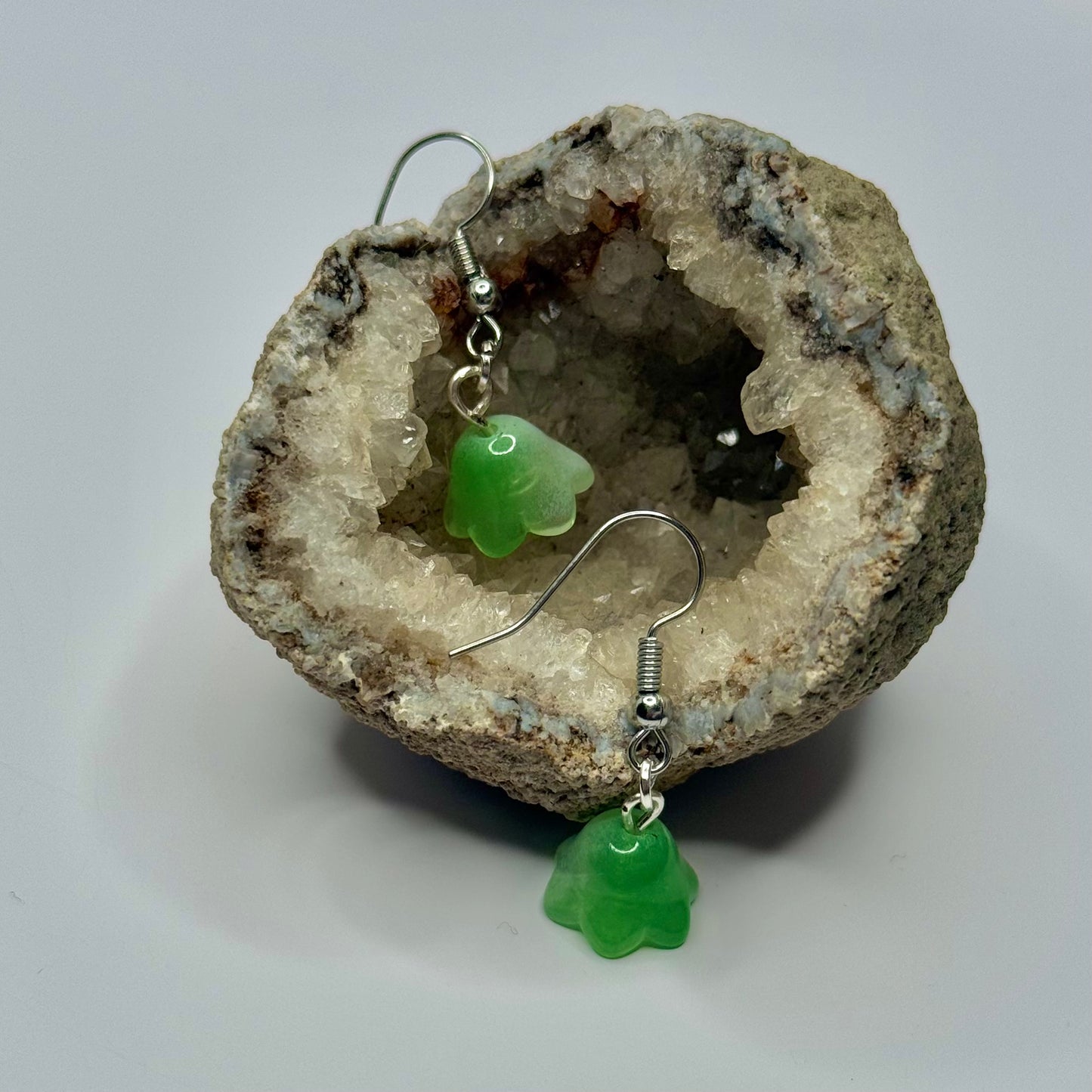 Silver Green Glass Flower Earrings