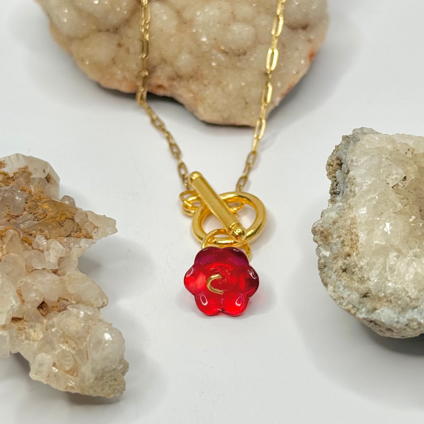 Gold Red Flower Toggle Necklace
