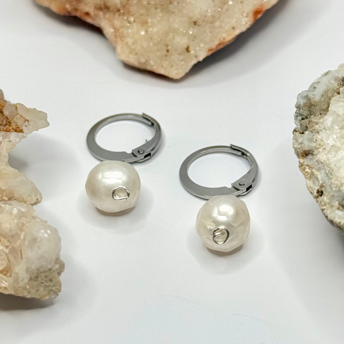 Steel Pearl Huggie Earrings