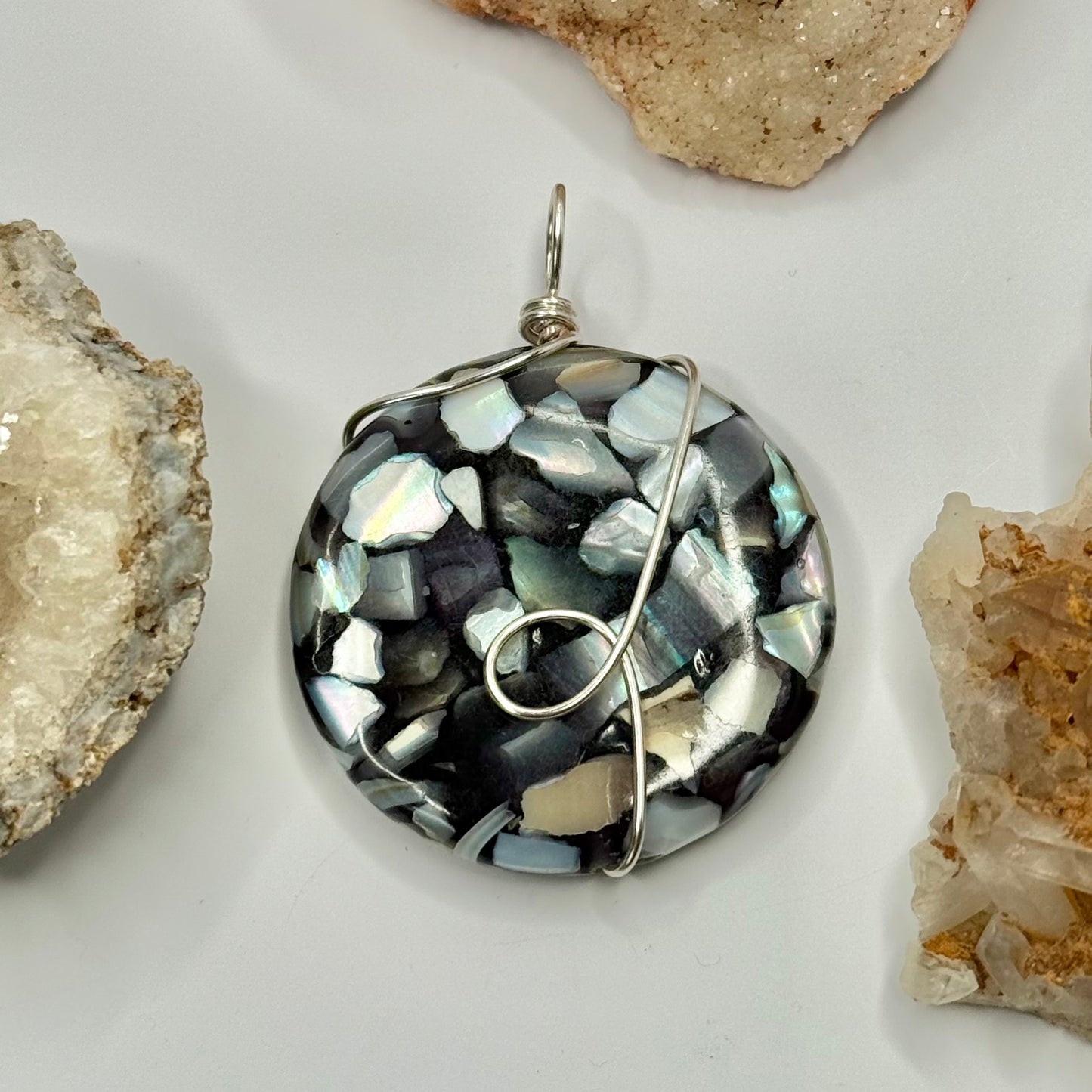 Silver Seashell and Obsidian Pendant