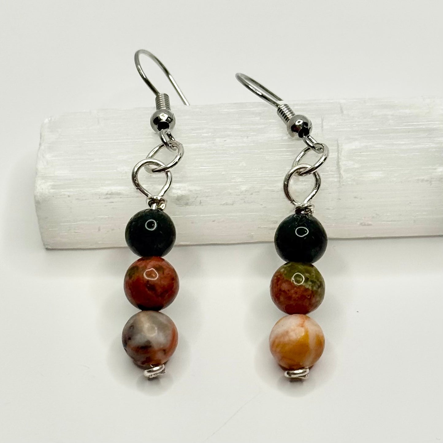 Silver Jasper, Unakite, and Carnelian Earrings
