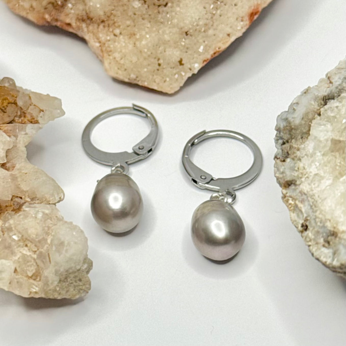 Steel Pearl Huggie Earrings