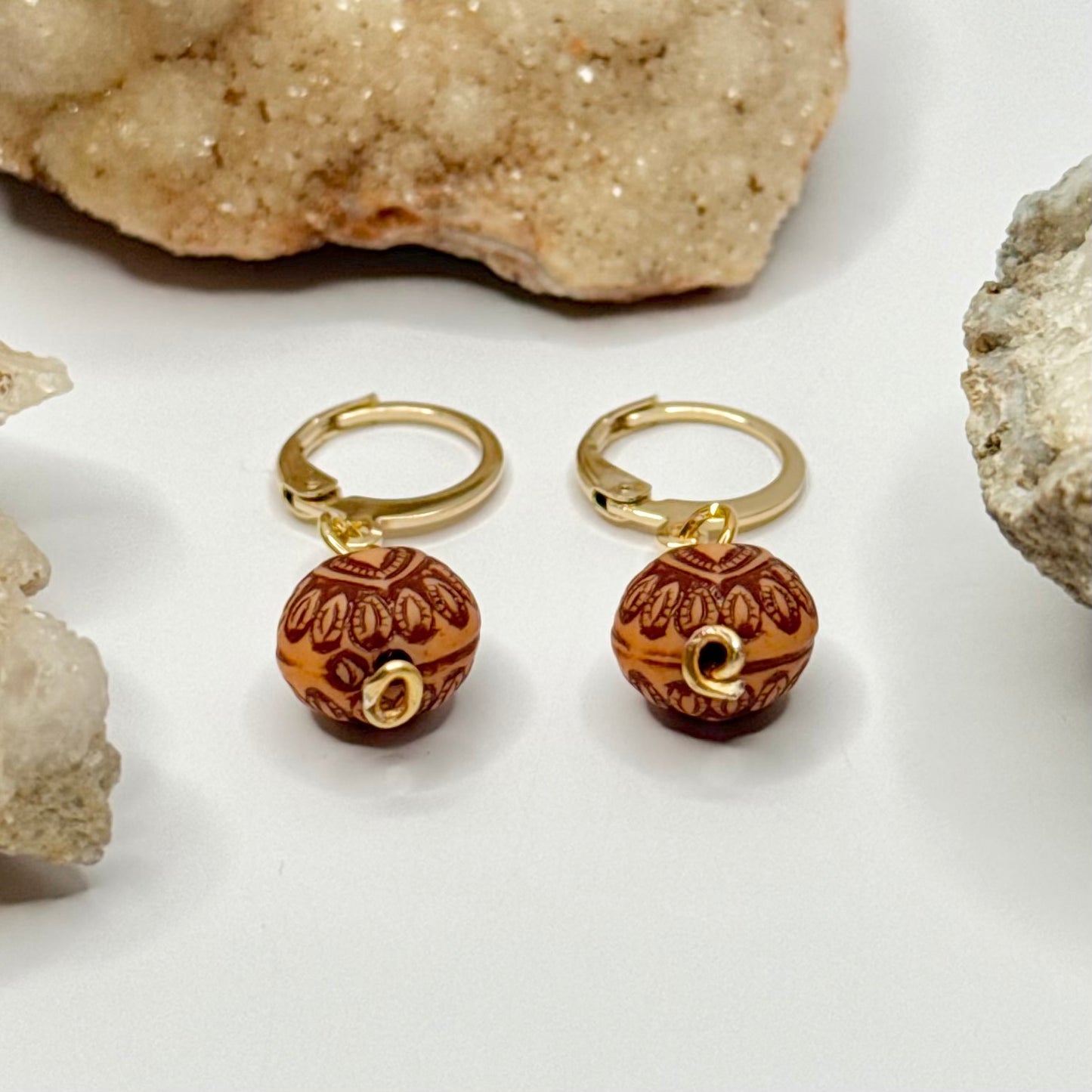 Gold Plated Wooden Bead Huggie Earrings