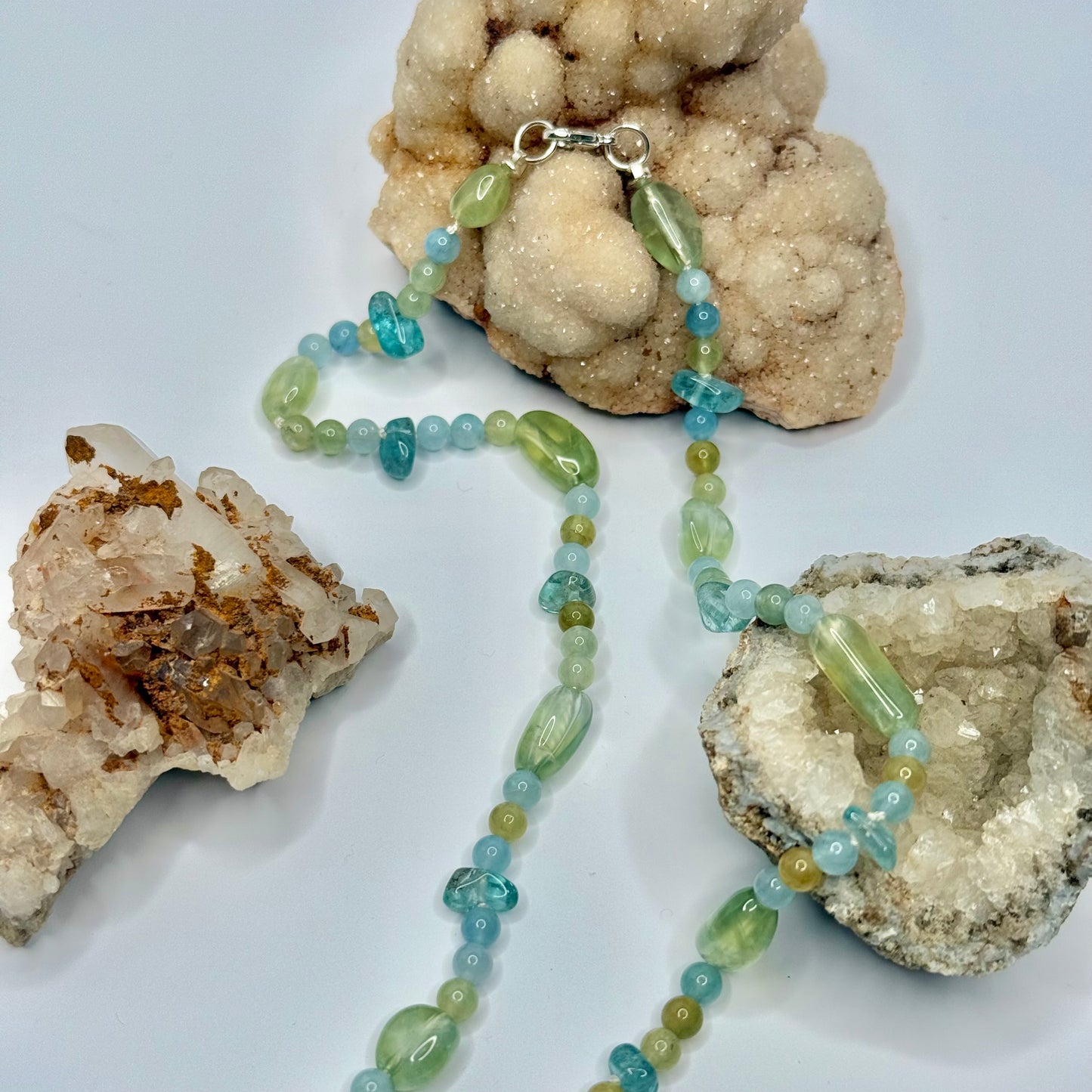 Sterling Silver Calcite, Aquamarine, and Prehnite Beaded Necklace