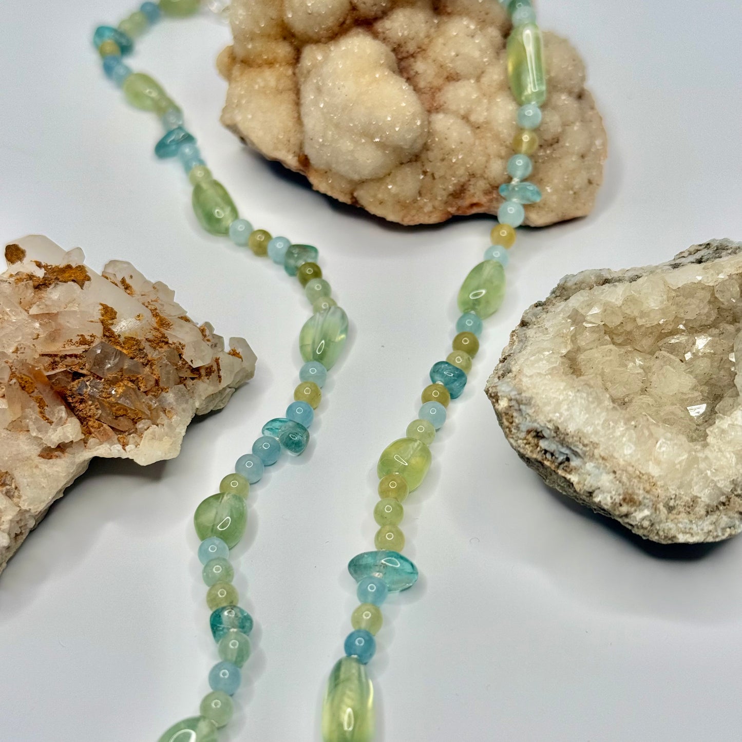 Sterling Silver Calcite, Aquamarine, and Prehnite Beaded Necklace