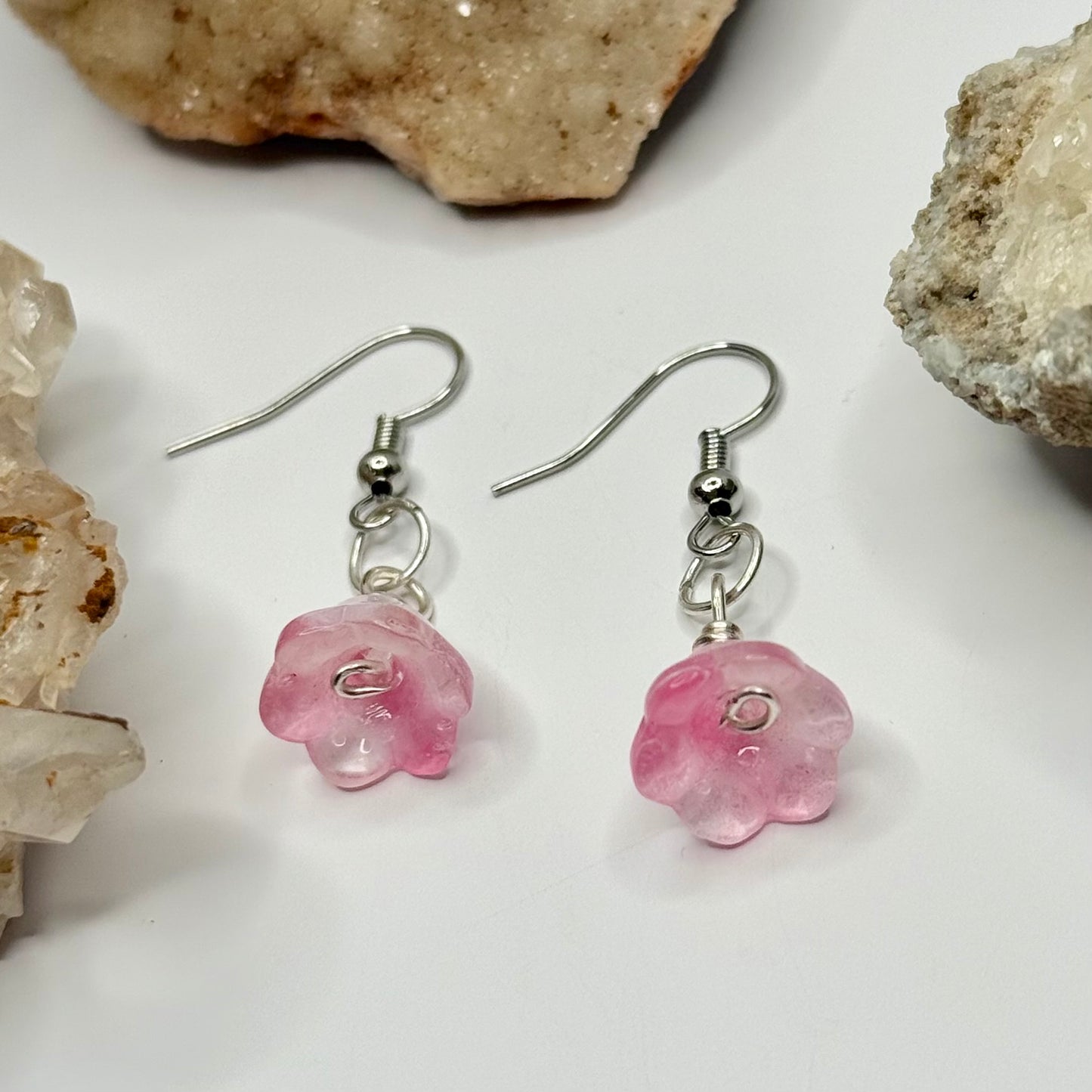 Silver Pink Flower Earrings