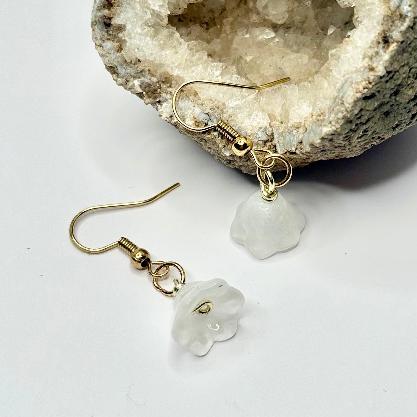 Gold White Flower Earrings