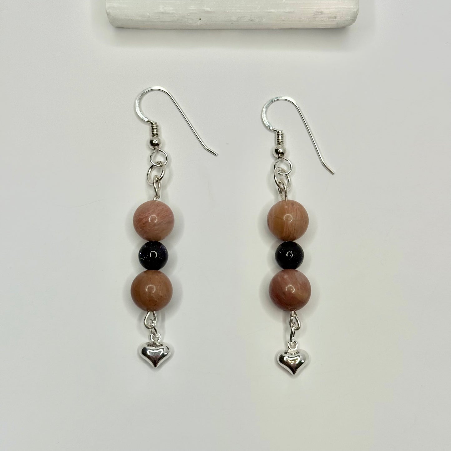 Sterling Silver Pink Calcite and Blue Goldstone Heart Earrings
