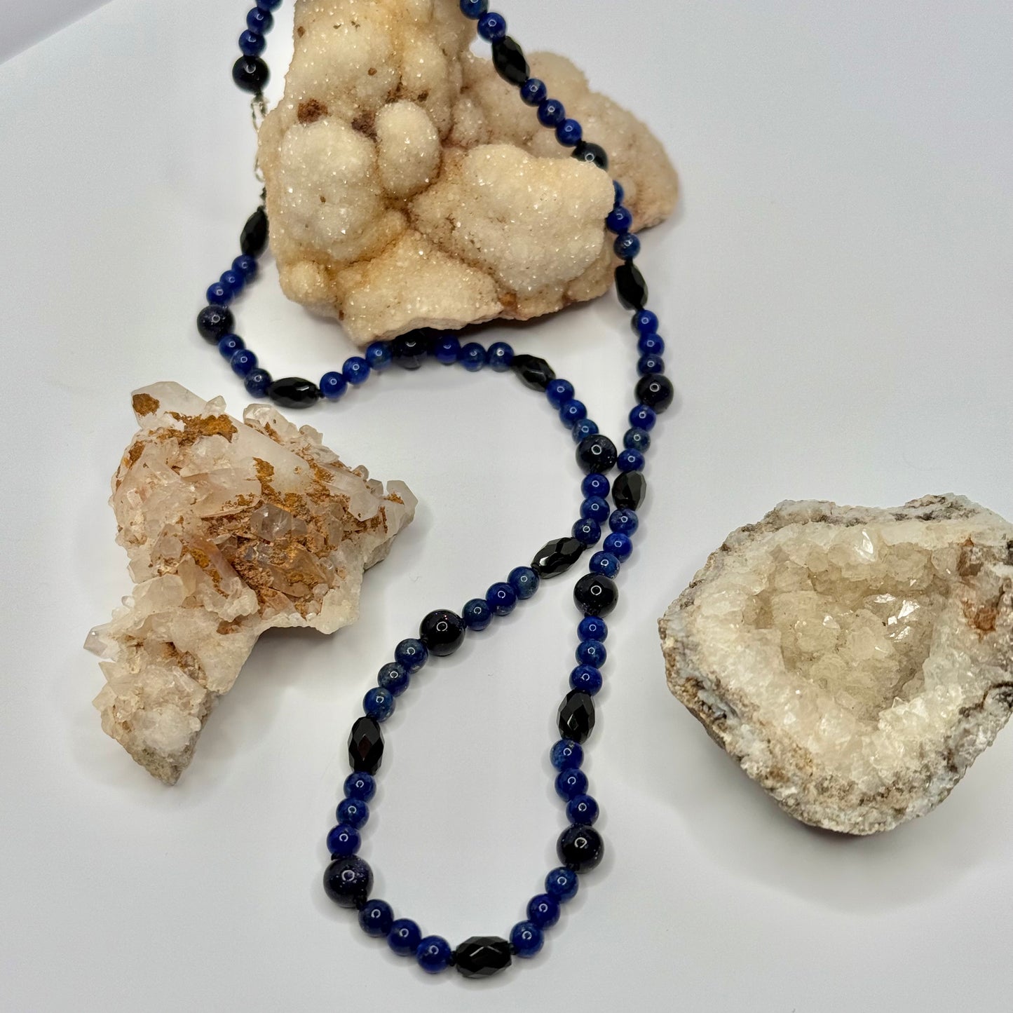 Sterling Silver Lapis, Blue Goldstone, and Onyx Beaded Necklace