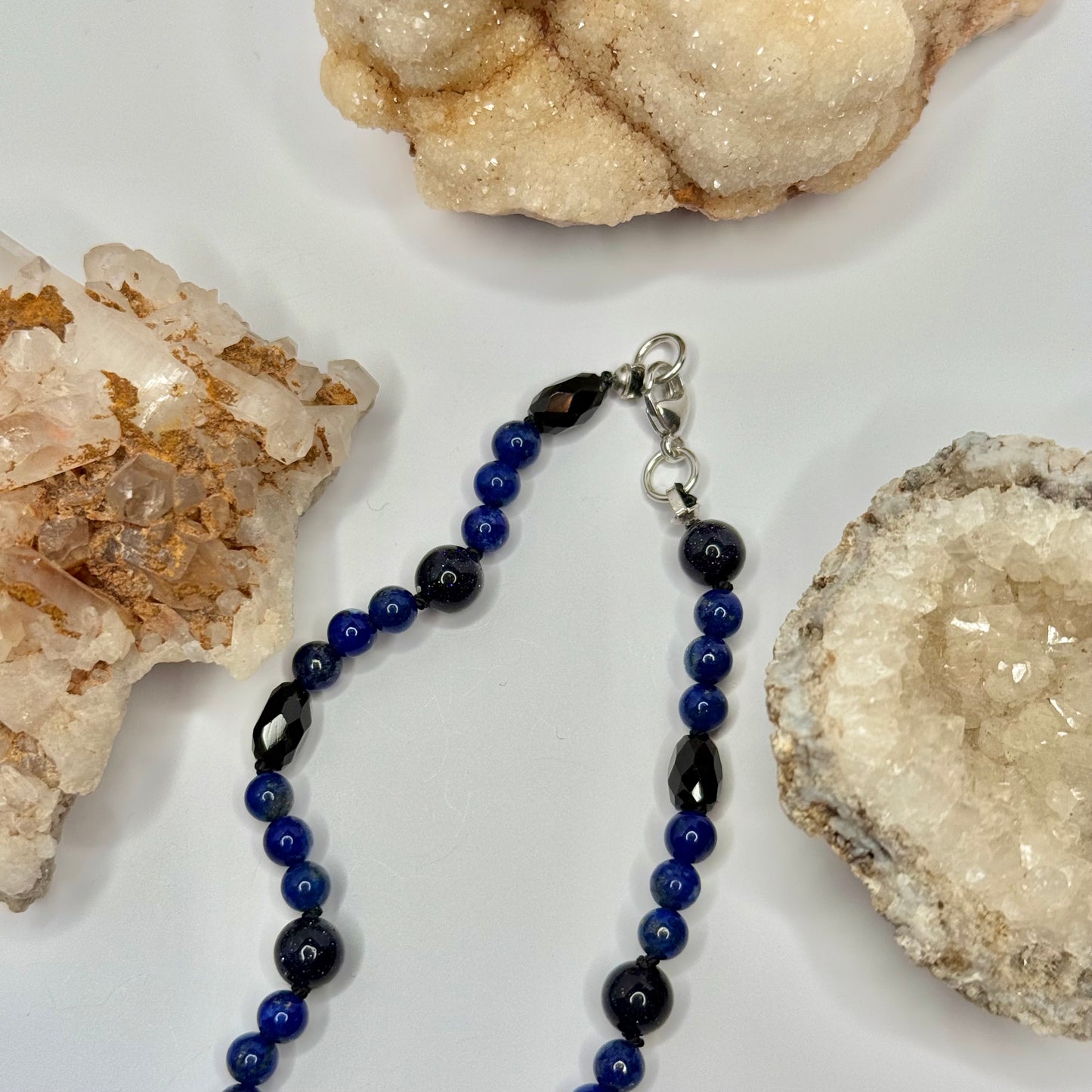 Sterling Silver Lapis, Blue Goldstone, and Onyx Beaded Necklace