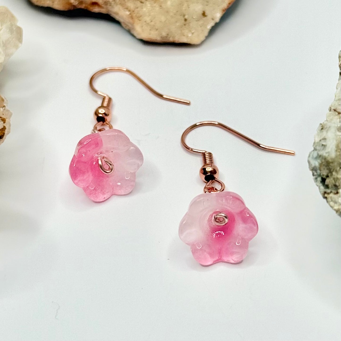 Rose Gold Pink Flower Earrings