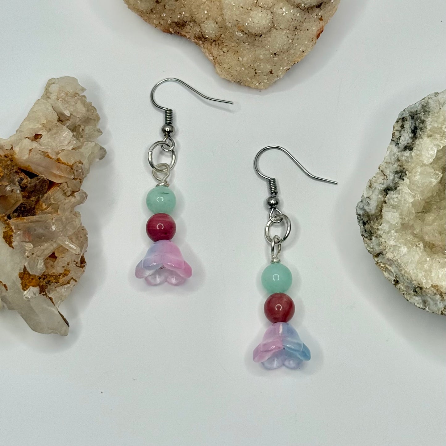Silver Amazonite and Rhodonite Earrings