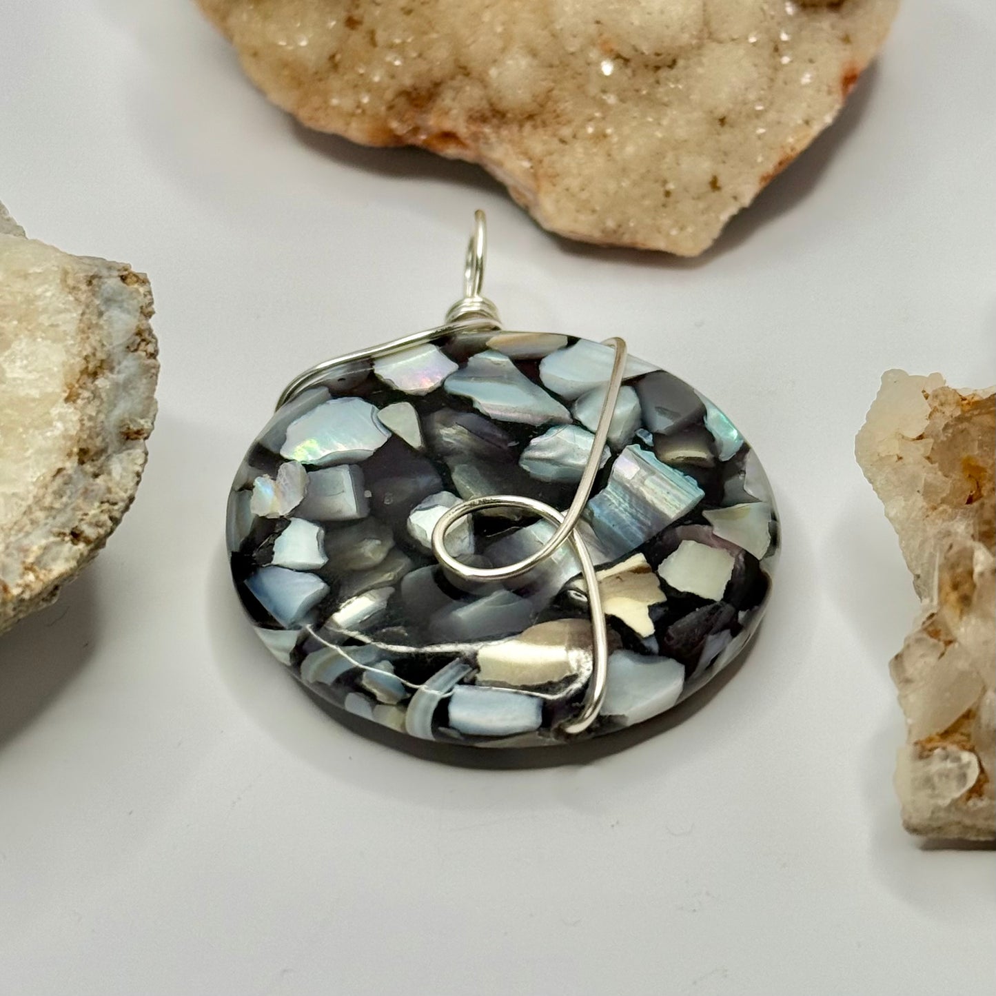 Silver Seashell and Obsidian Pendant