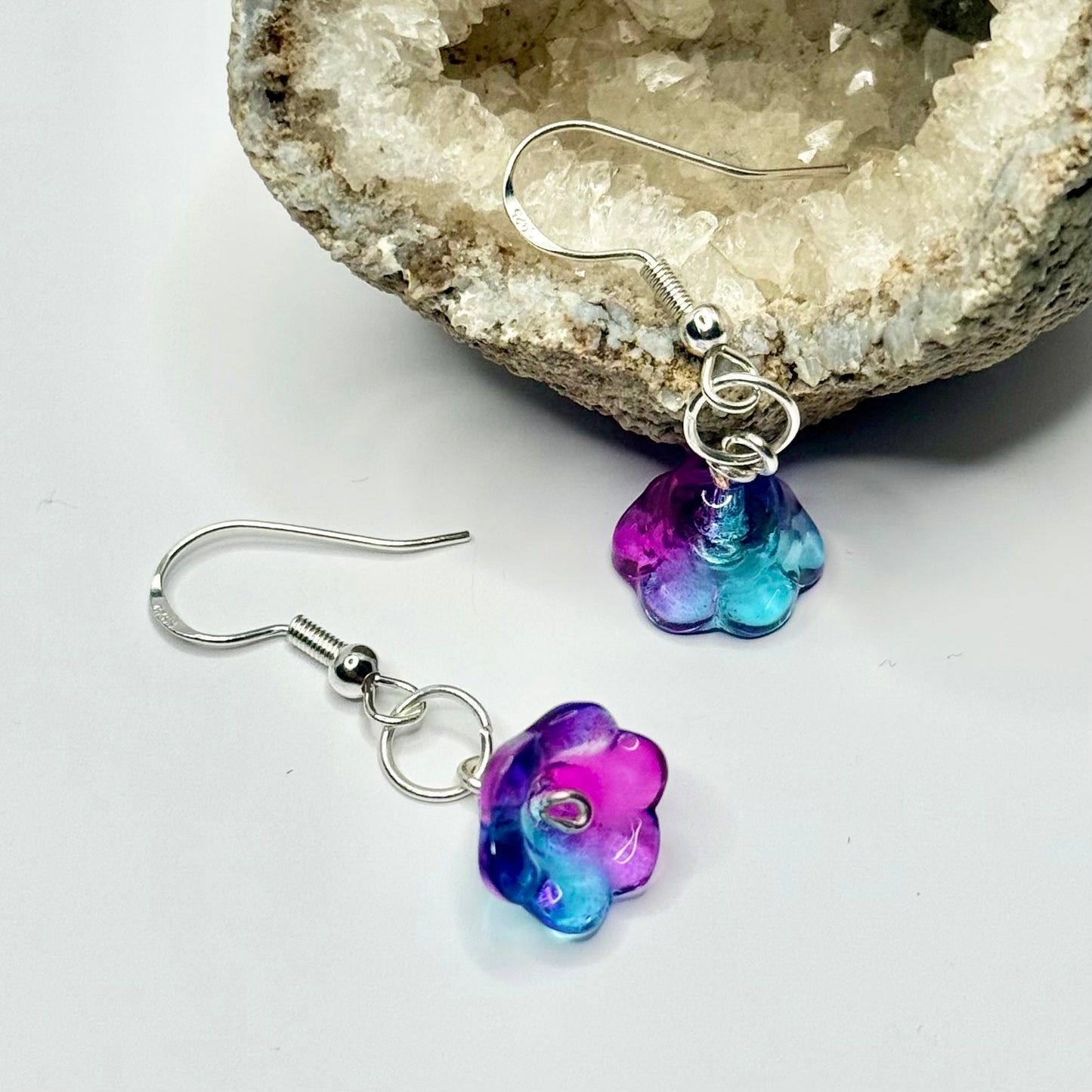 Sterling Silver Blue and Purple Flower Earrings