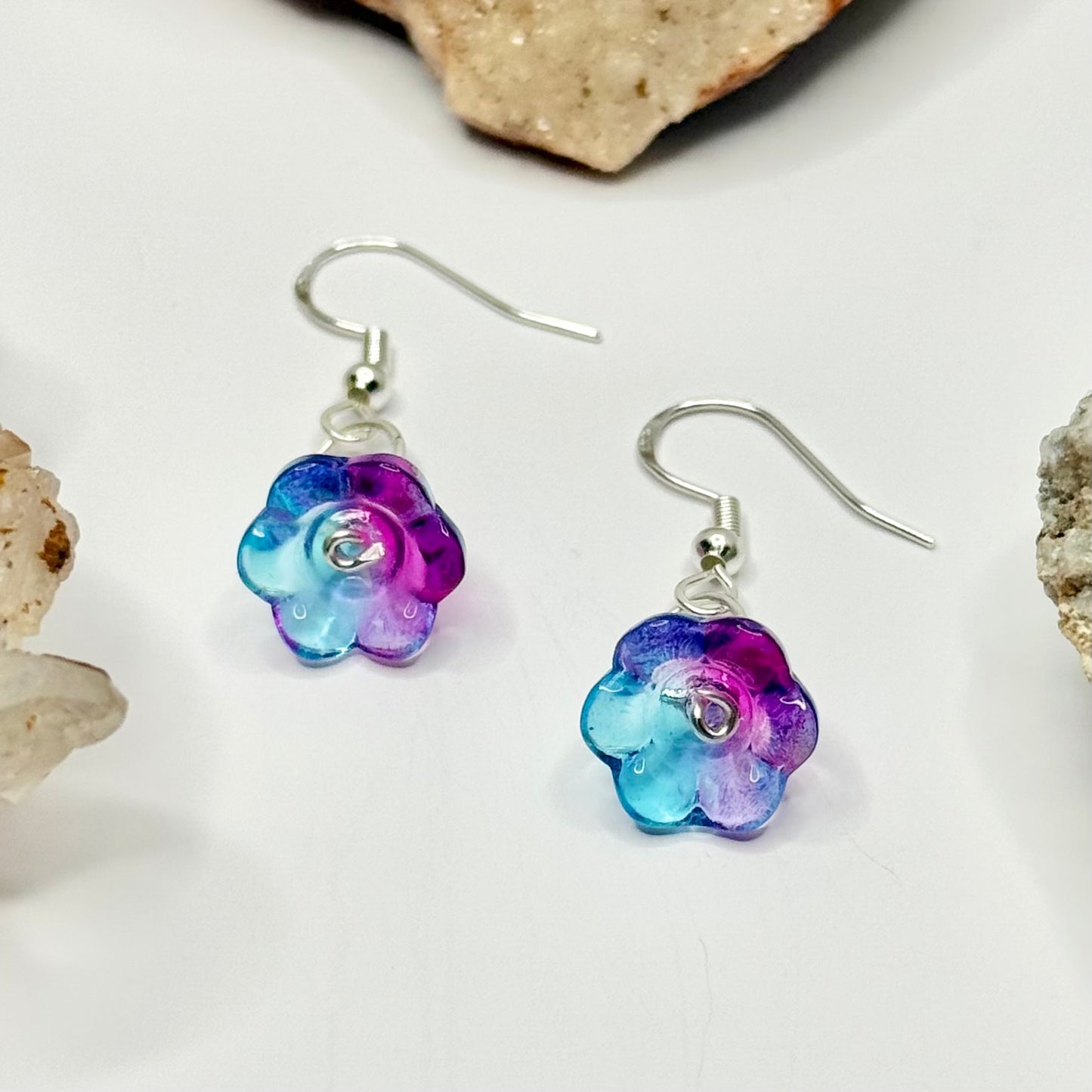 Sterling Silver Blue, Pink, and Purple Flower Earrings