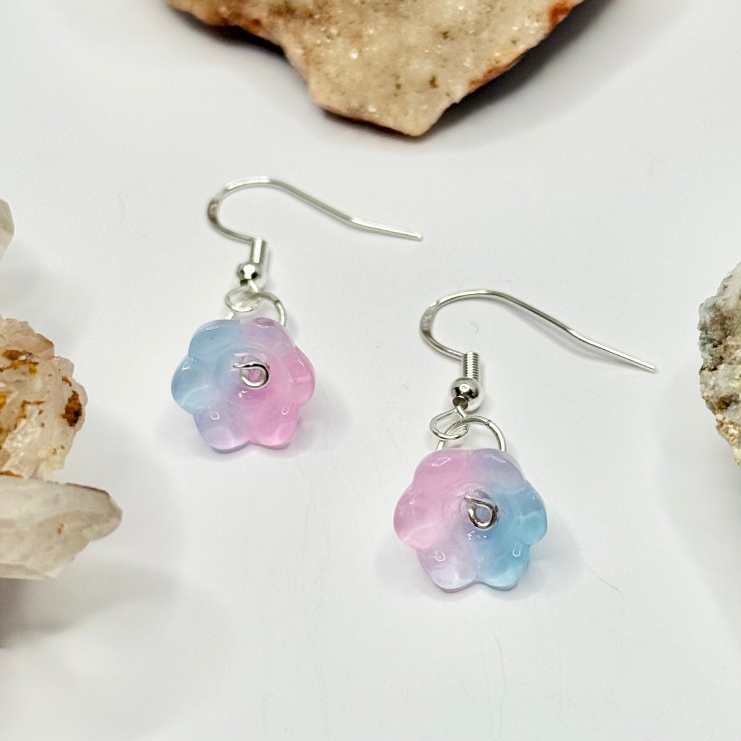 Sterling Silver Pink and Blue Flower Earrings