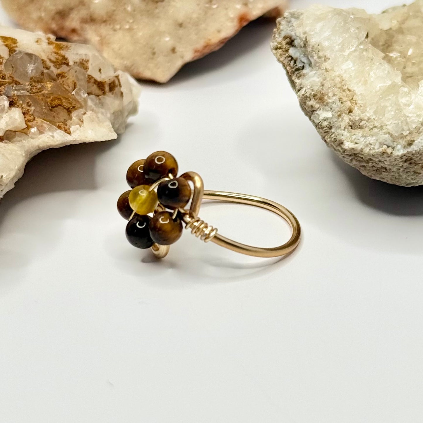 Gold Tigers Eye and Yellow Jade Flower Ring