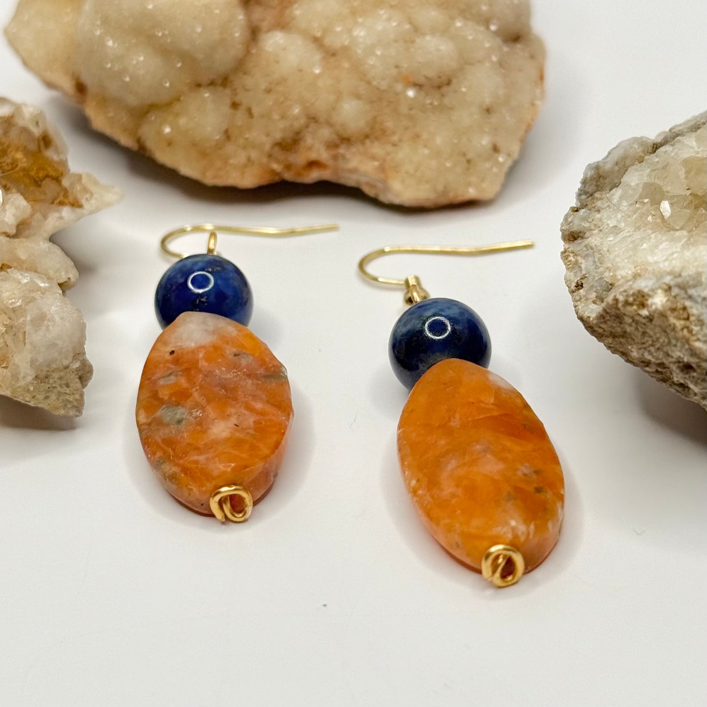 Gold Lapis and Orange Calcite Earrings