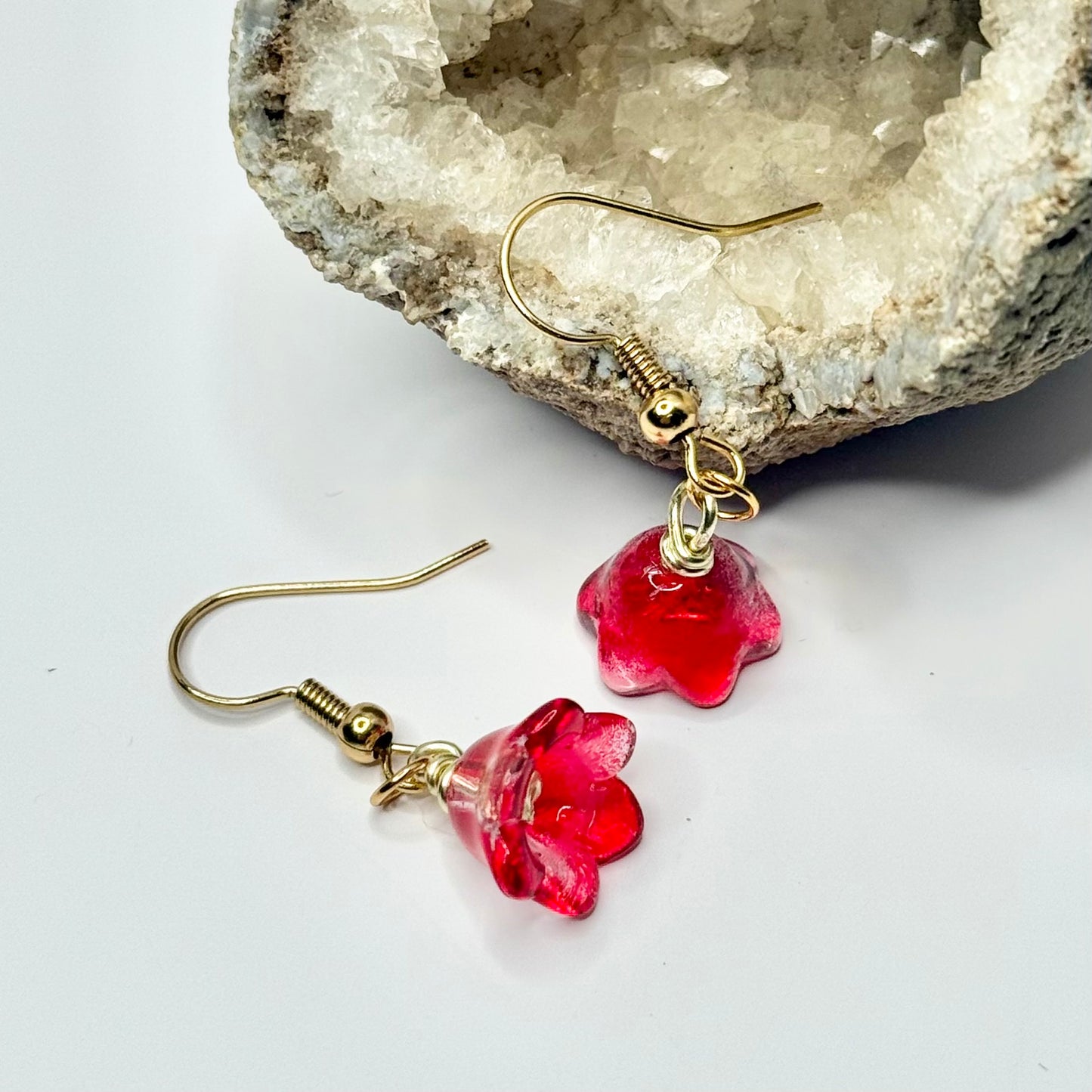 Gold Red Flower Earrings