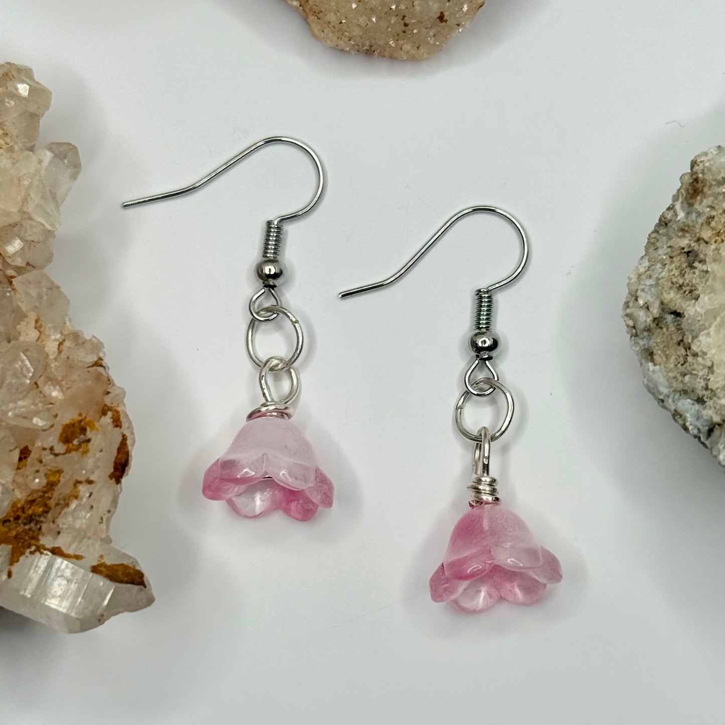 Silver Pink Flower Earrings