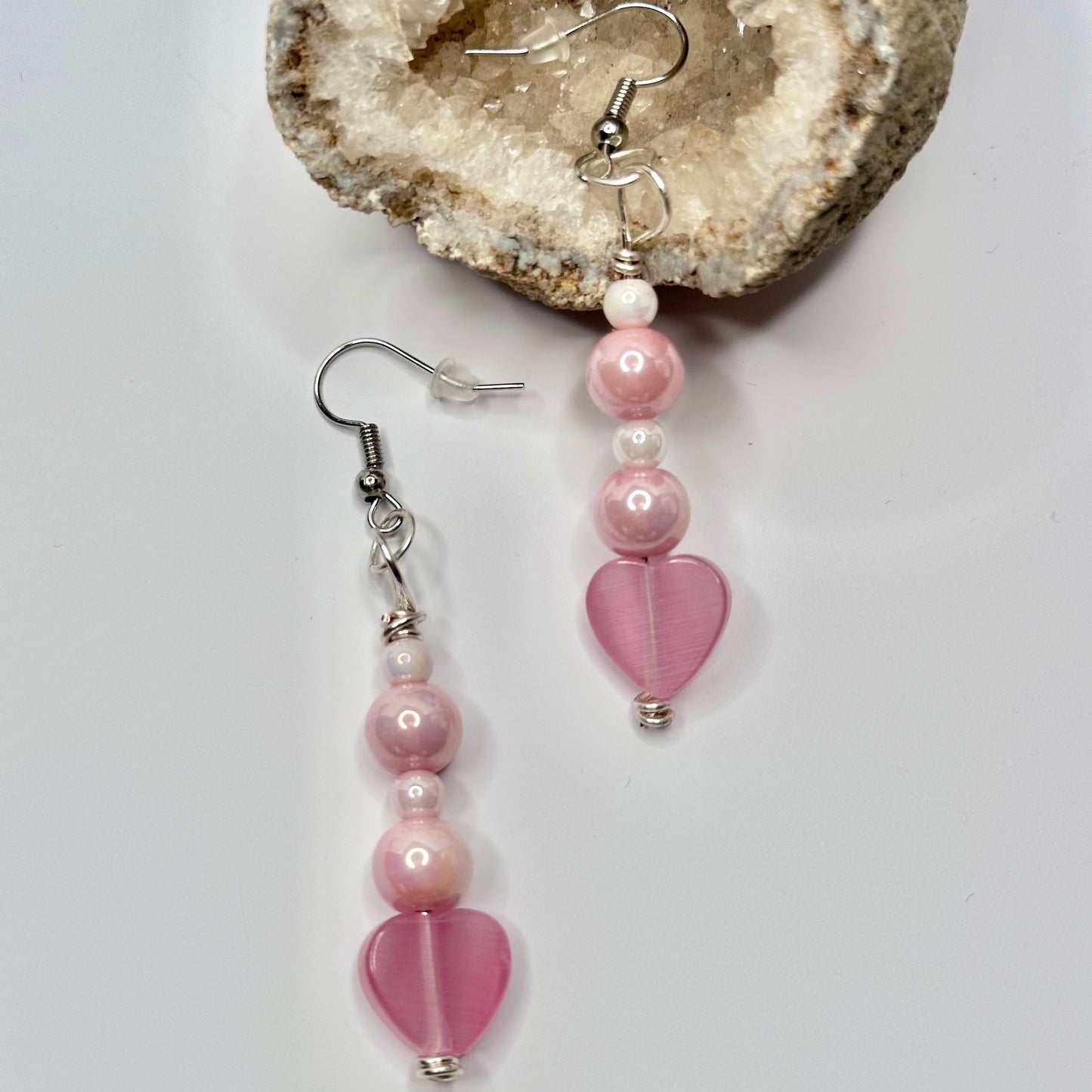 Silver Pink Heart Earrings