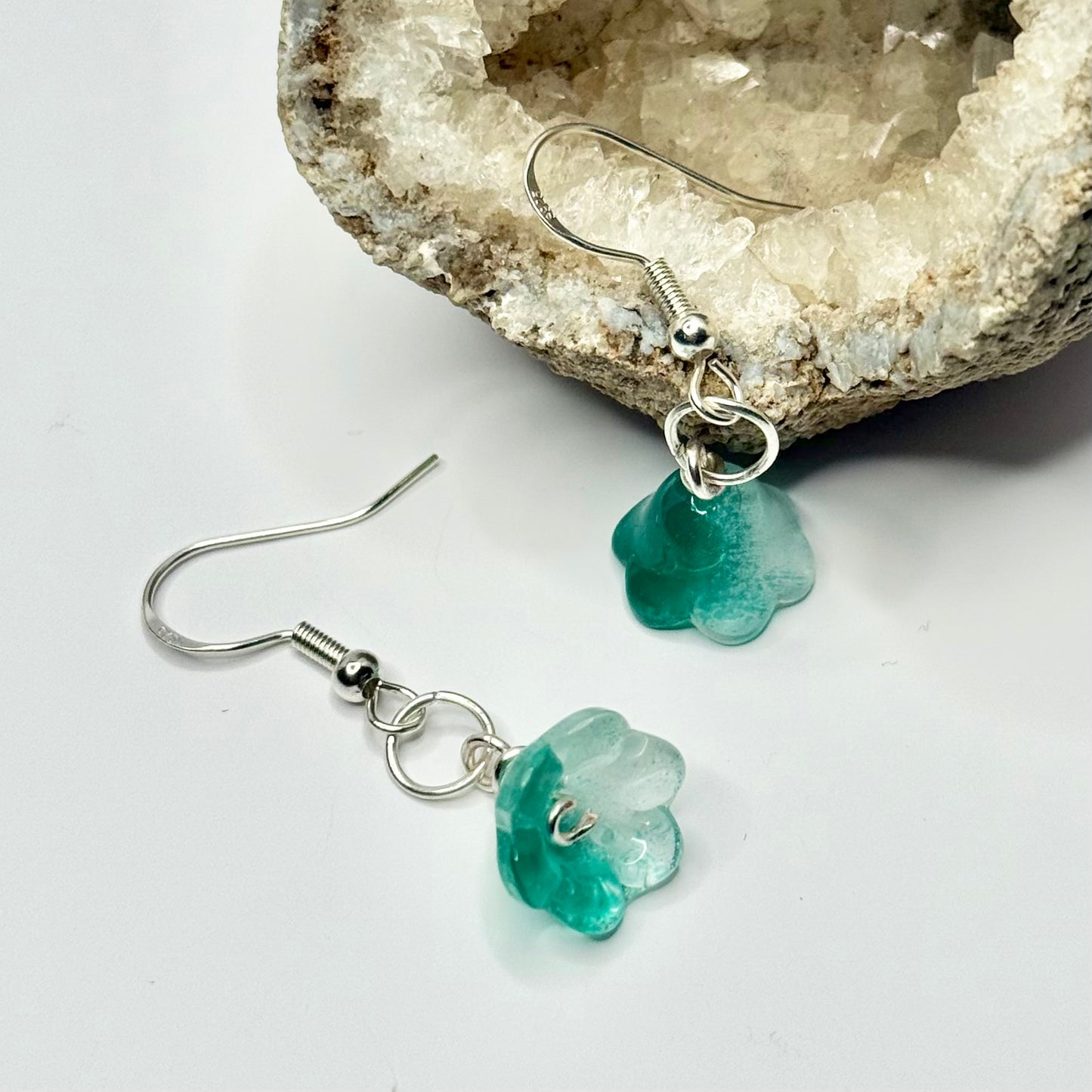 Sterling Silver Teal Flower Earrings
