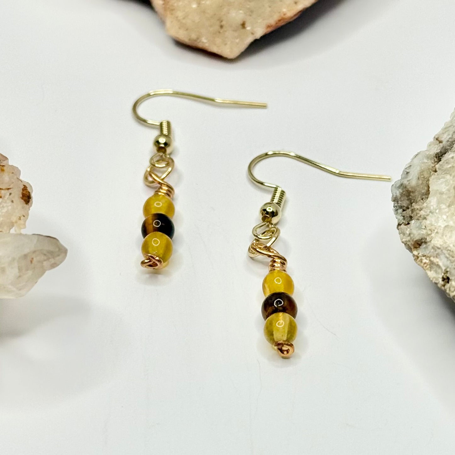 Gold Plated Tigers Eye and Yellow Jade Earrings