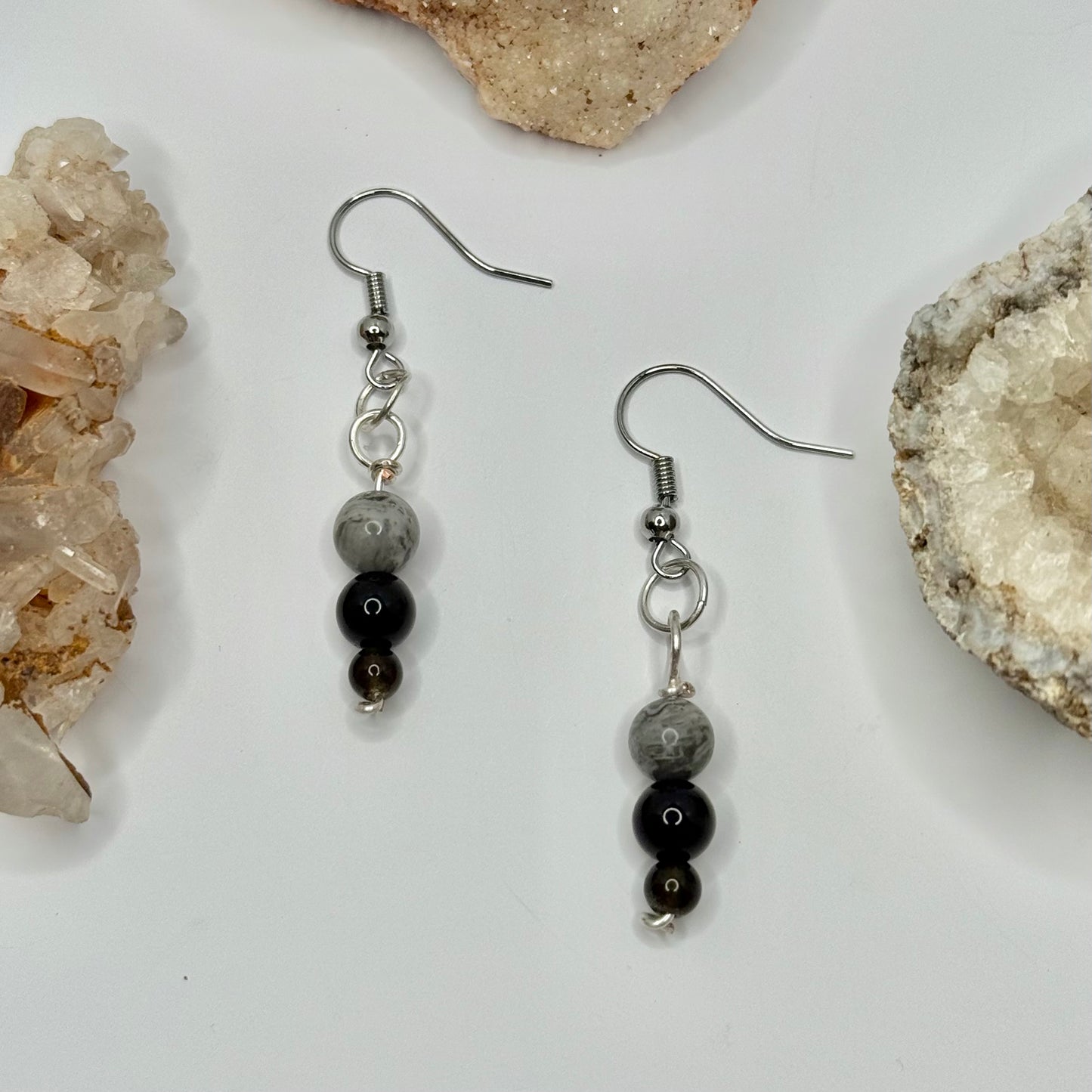 Silver Obsidian and Crazy Lace Earrings