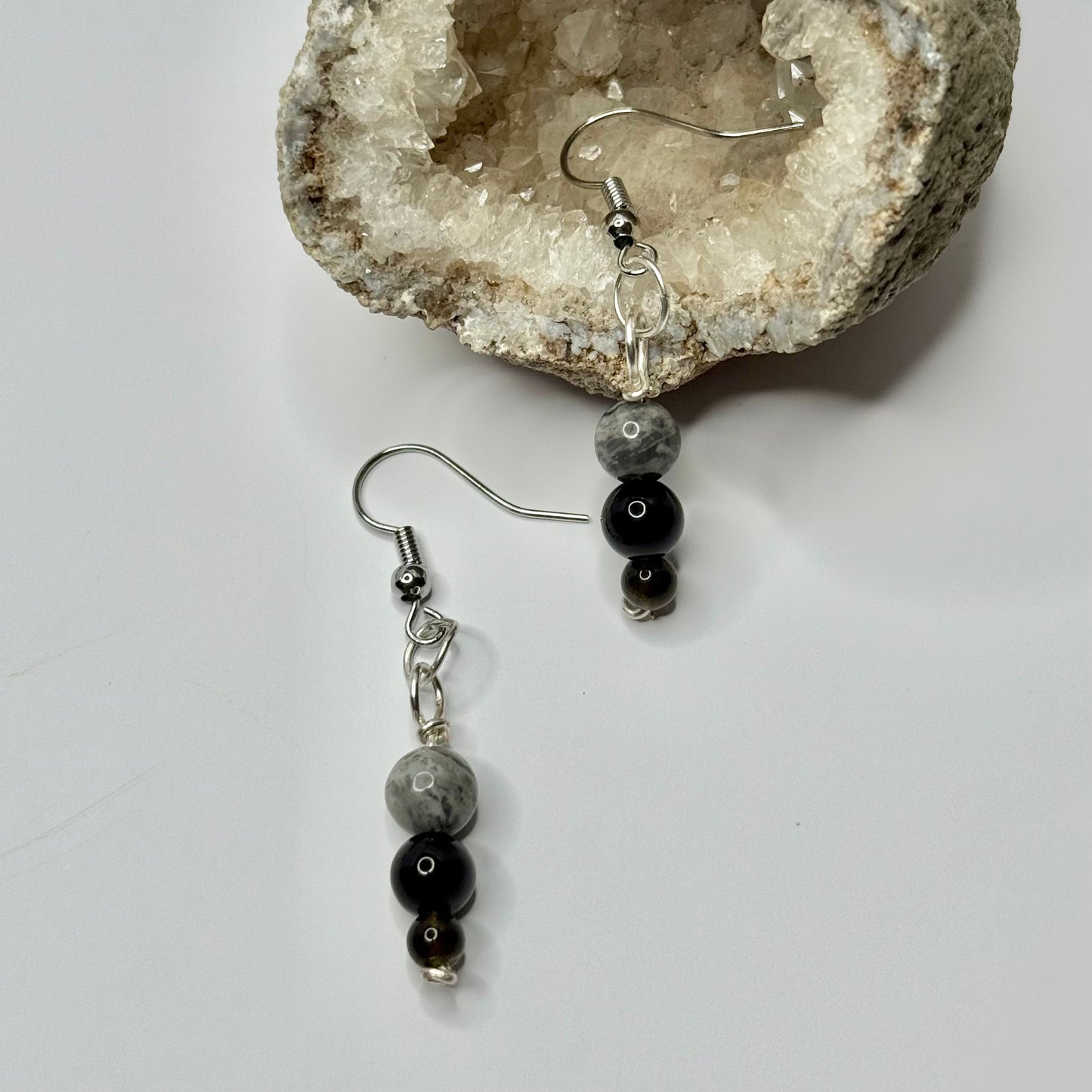 Silver Obsidian and Crazy Lace Earrings