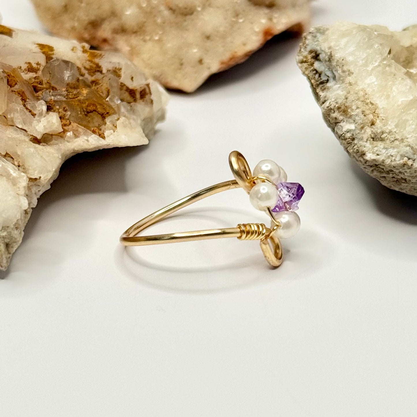 Gold Purple and Foe Pearl Flower Ring