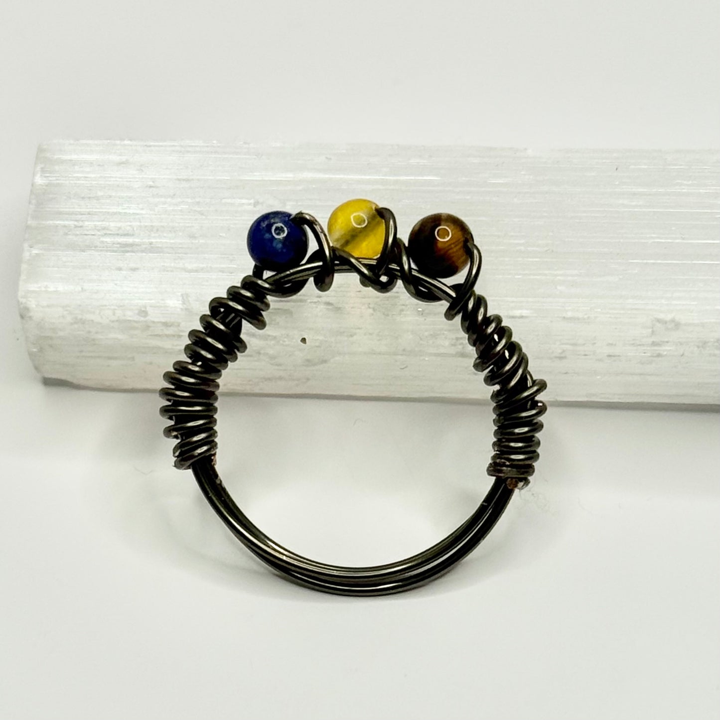 Charcoal Lapis, Yellow Jade, and Tigers Eye Ring