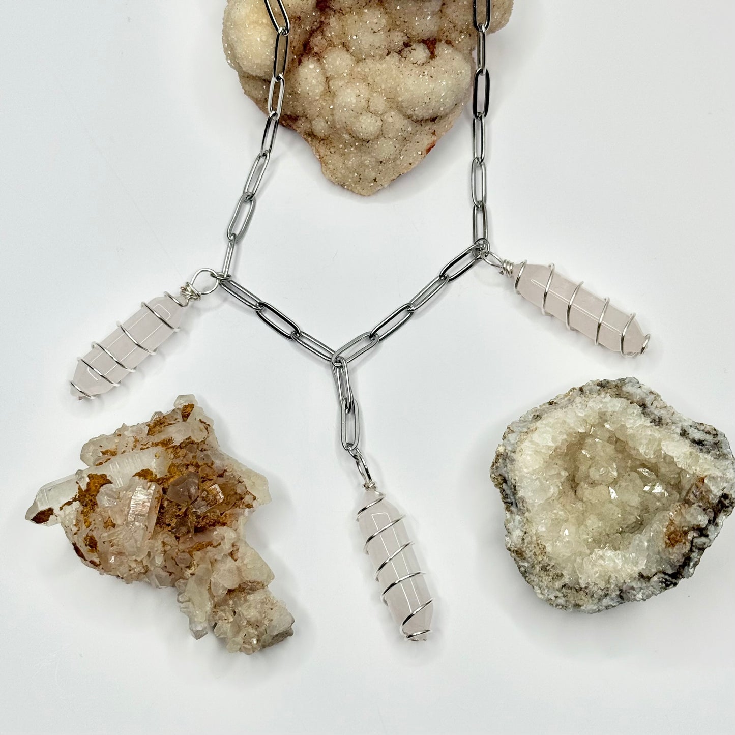 Silver Rose Quartz Crystal Paperclip Necklace
