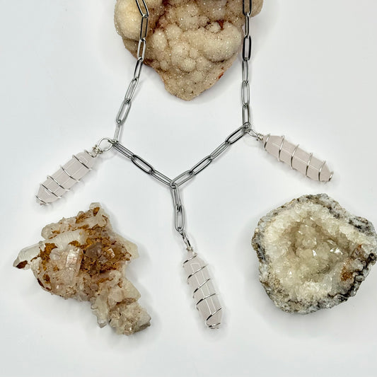 Silver Rose Quartz Crystal Paperclip Necklace