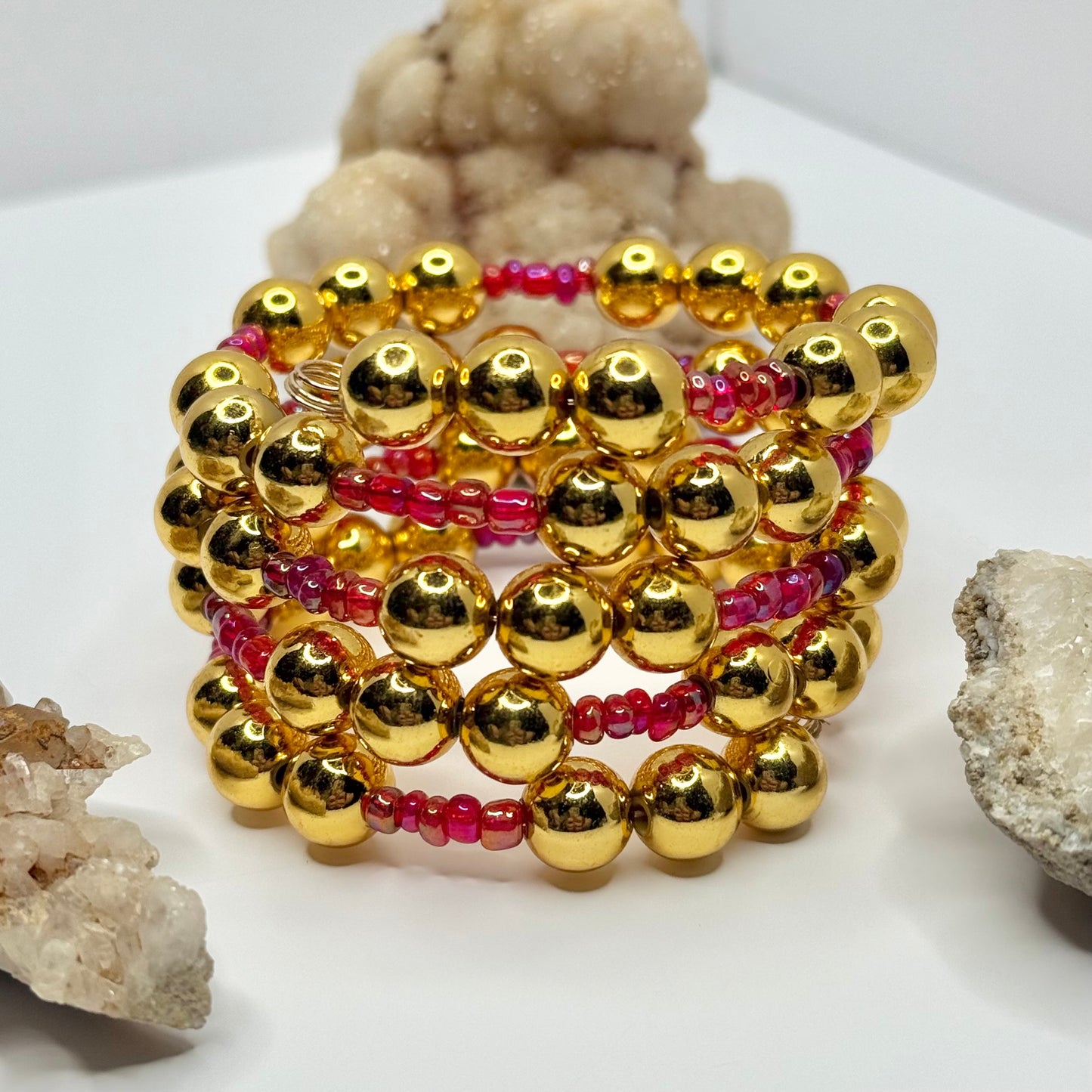 Gold and Red Beaded Wrap Bracelet