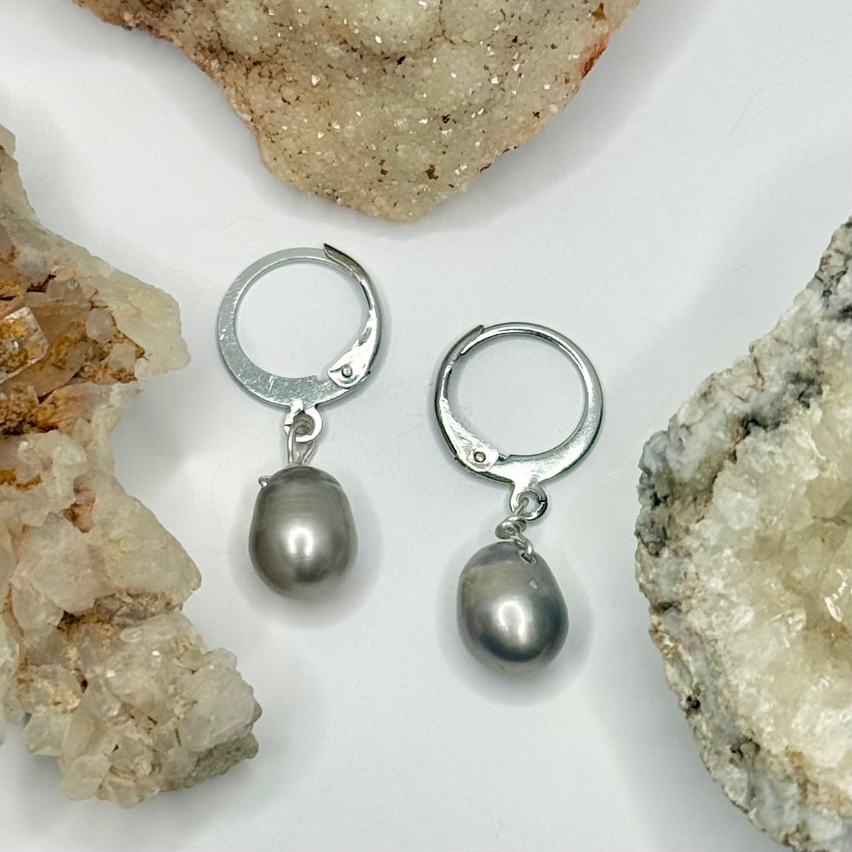 Steel Pearl Huggie Earrings