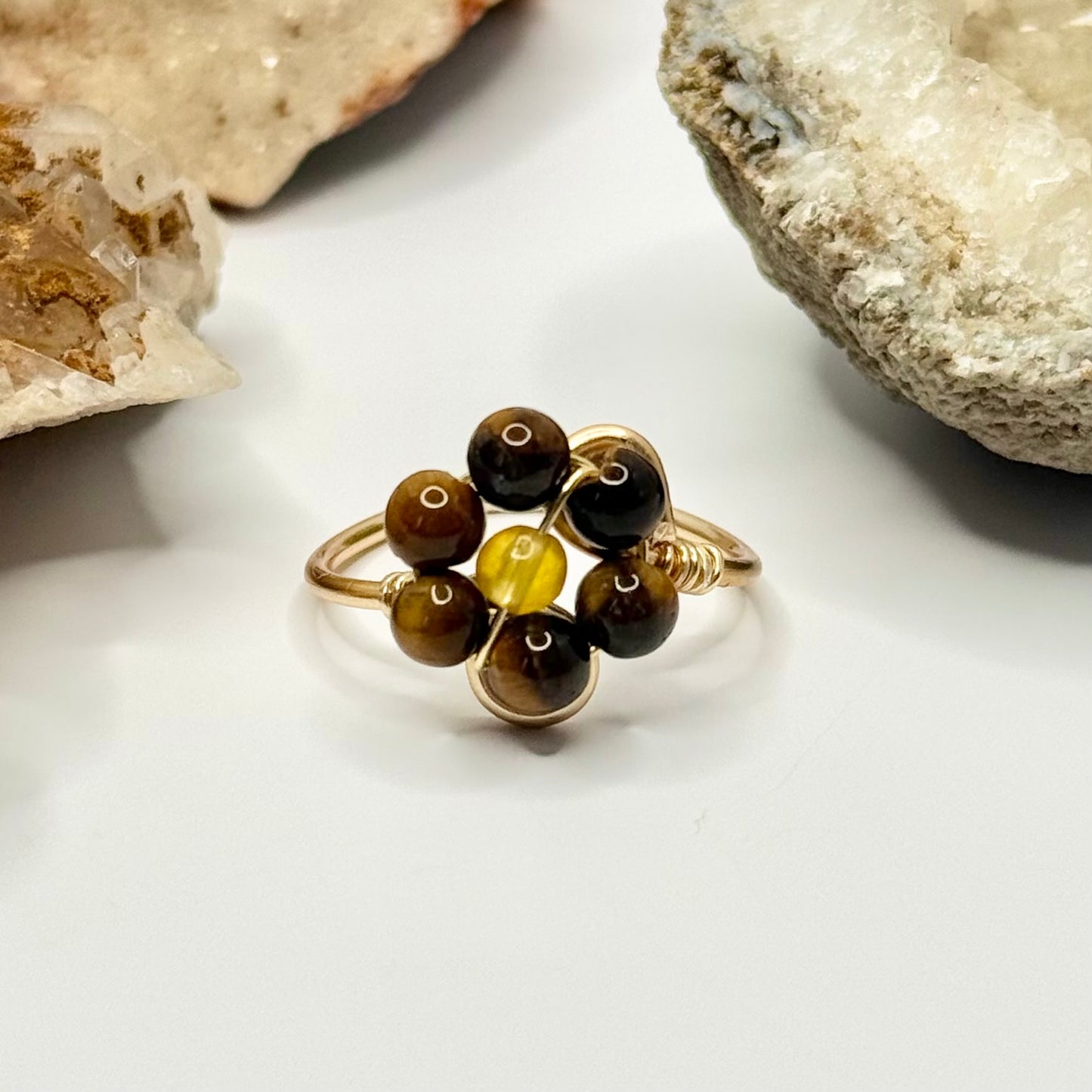 Gold Tigers Eye and Yellow Jade Flower Ring