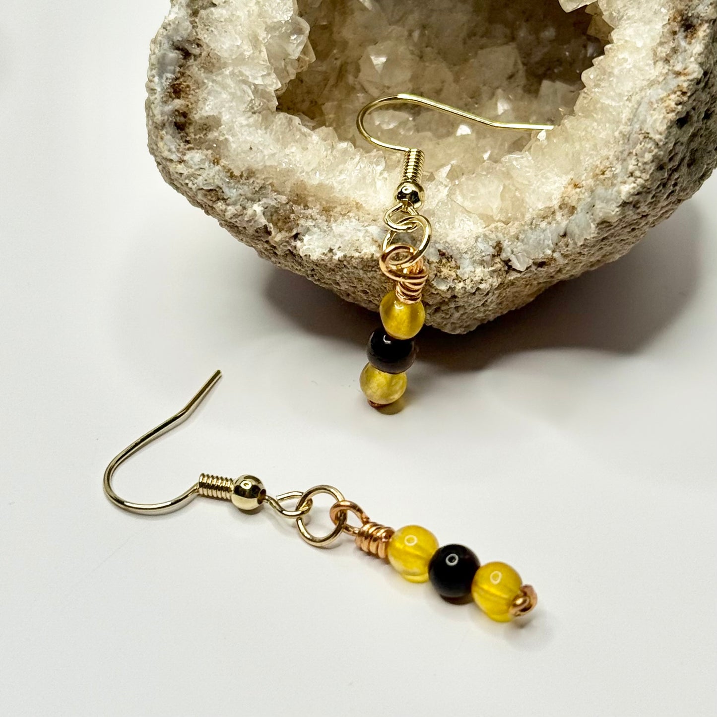 Gold Plated Tigers Eye and Yellow Jade Earrings