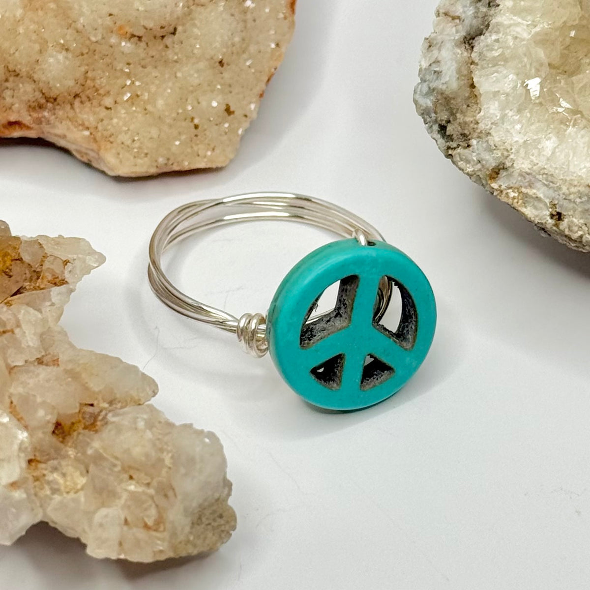 Silver Teal Peace Sign Ring