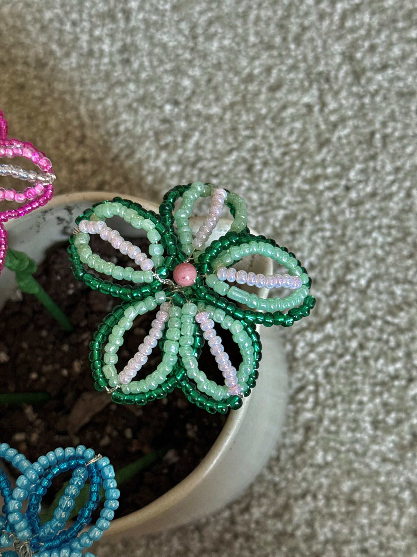 Green and Pink Beaded Flower Stake