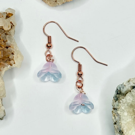 Rose Gold Blue and Pink Flower Earrings