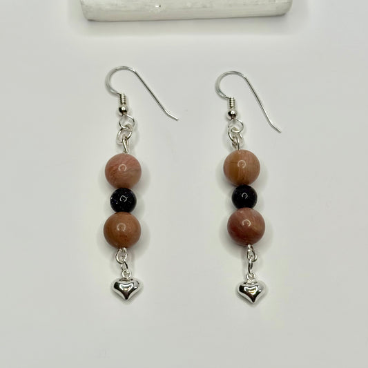 Sterling Silver Pink Calcite and Blue Goldstone Heart Earrings